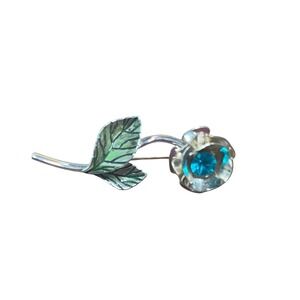 Avon Birthstone Rose Pin December Blue Topaz Silver Tone‎ Flower Brooch